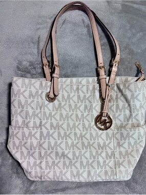 Michael Kors Cream MK Monogram Tote with Tan Straps